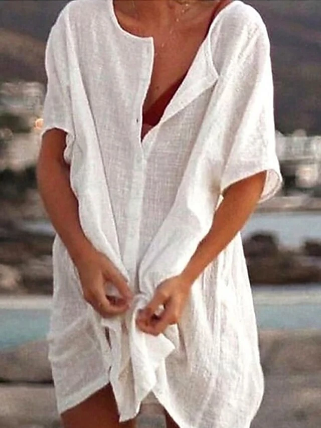 Women's Casual Dress Shirt Dress Cotton Linen Dress Mini Dress Blue Purple Pink Short Sleeve Pure Color Spring Summer V Neck Beach Basic Daily Weekend Loose Fit Linen S M L XL XXL 3XL 1 Women's Casual Dress Shirt Dress Cotton Linen Dress Mini Dress Blue Purple Pink Short Sleeve Pure Color Spring Summer V Neck Beach Basic Daily Weekend Loose Fit Linen S M L XL XXL 3XL