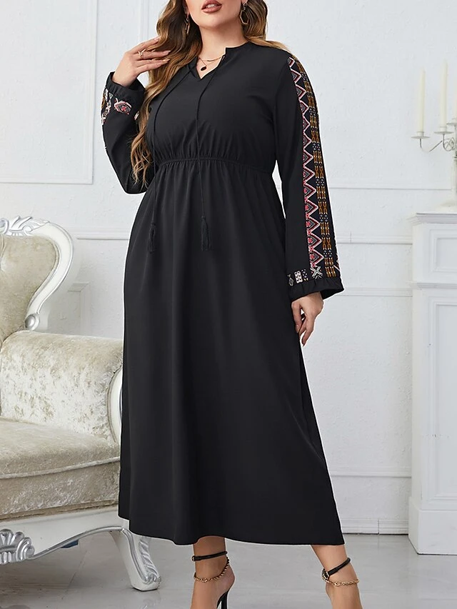Women's Work Dress Black Dress Semi Formal Dress Fashion Midi Dress Print V Neck Long Sleeve Print Loose Fit Black Spring Fall XL XXL 3XL 4XL 7 Women's Work Dress Black Dress Semi Formal Dress Fashion Midi Dress Print V Neck Long Sleeve Print Loose Fit Black Spring Fall XL XXL 3XL 4XL - Image 7