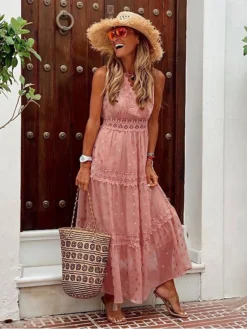 Women's Party Dress Lace Dress Swing Dress Long Dress Maxi Dress White Yellow Pink Sleeveless Polka Dot Lace Summer Spring V Neck Vacation Regular Fit 2023 S M L XL XXL