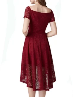 Women‘s Christmas Party Dress Lace Dress Cocktail Dress Midi Dress Black Pink Wine Short Sleeve Pure Color Lace Spring Fall Winter Square Neck Fashion Winter Dress Wedding Guest Vacation 2023 -Party Prom Dresses Sales Store bonfnl1692180494916