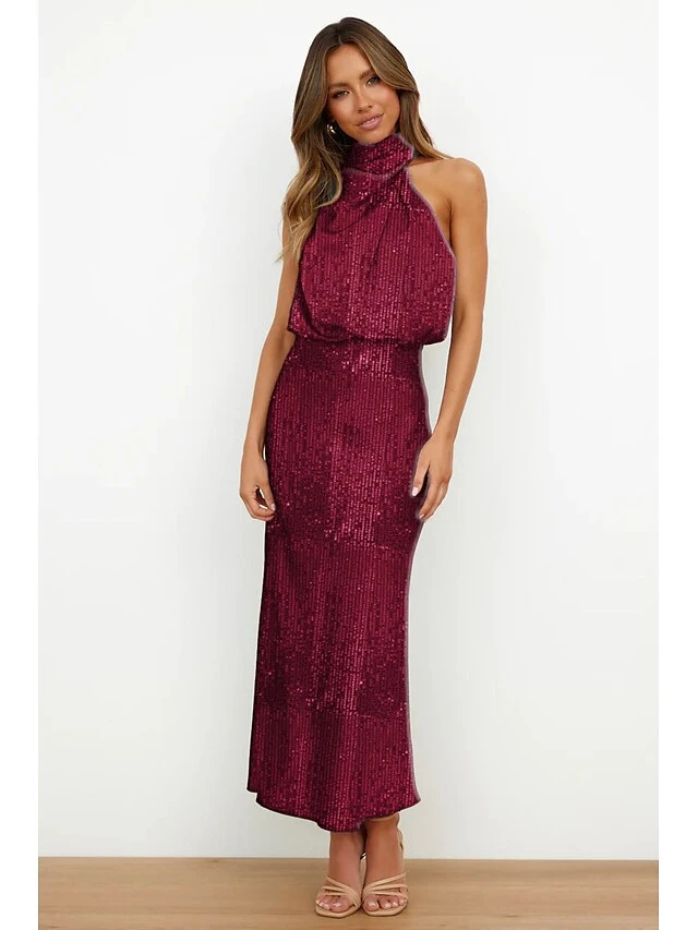 Women's Sequin Dress Midi Dress Black Wine Red Sleeveless Pure Color Sequins Winter Autumn Halter Neck Party Birthday 2023 S M L XL 4 Women's Sequin Dress Midi Dress Black Wine Red Sleeveless Pure Color Sequins Winter Autumn Halter Neck Party Birthday 2023 S M L XL - Image 4