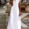 Women's Cotton Linen Dress Casual Dress Maxi Long Dress Cotton And Linen Modern Casual Outdoor Vacation V Neck Patchwork Short Sleeve Summer Spring 2023 Regular Fit White Pure Color S M L XL 2XL