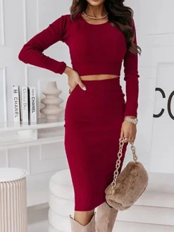 Women's Two Piece Dress Set Casual Dress Skirt Set Outdoor Daily Fashion Sexy Ribbed Midi Dress Crew Neck Long Sleeve Plain Regular Fit Black Wine Green Fall Winter S M L XL -Party Prom Dresses Sales Store bptpga1695268223620
