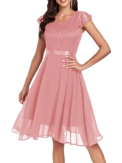 Women's Party Dress Lace Dress Cocktail Dress Midi Dress Pink Wine Navy Blue Short Sleeve Pure Color Lace Spring Fall Winter V Neck Fashion Winter Dress Wedding Guest Vacation 2023 S M L XL XXL -Party Prom Dresses Sales Store bqmdja1692179081733