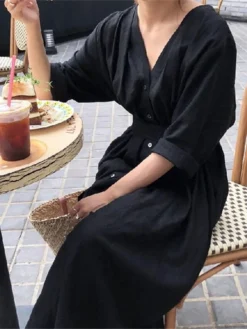 Women's Cotton Linen Dress Loose White Dress Maxi Long Dress Linen Cotton Blend Casual V Neck Puff Sleeve Tie Belt Half Sleeve Summer Spring 2022 Regular Fit Black White Pure Color S M L XL -Party Prom Dresses Sales Store bqntqn1624937987752