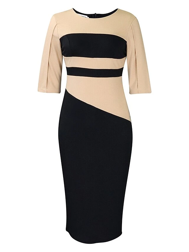 Women's Work Dress Sheath Dress Semi Formal Dress Fashion Midi Dress Patchwork Crew Neck Half Sleeve Color Block Regular Fit Black White Red Fall Winter S M L XL XXL 18 Women's Work Dress Sheath Dress Semi Formal Dress Fashion Midi Dress Patchwork Crew Neck Half Sleeve Color Block Regular Fit Black White Red Fall Winter S M L XL XXL - Image 18