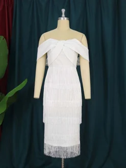 Women‘s Christmas Prom Dress Party Dress Fringe Dress Midi Dress White Green Rose Short Sleeve Pure Color Tassel Fringe Fall Winter Autumn Off Shoulder Fashion Vacation 2023 S M L XL XXL 3XL 4XL -Party Prom Dresses Sales Store bsoioc1694503329259