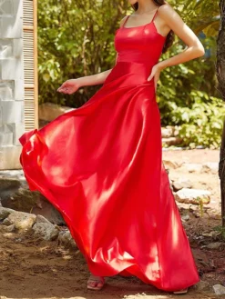 Women's Prom Dress Party Dress Satin Dress Long Dress Maxi Dress Red Sleeveless Pure Color Backless Spring Fall Winter Spaghetti Strap Fashion Birthday Evening Party Wedding Guest 2023 S M L XL -Party Prom Dresses Sales Store bsvuss1693983151435