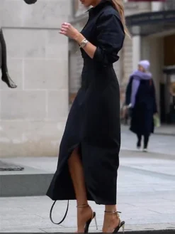 Women's Two Piece Dress Set Shirt Dress Casual Dress Outdoor Office Fashion Basic Button Split Maxi Long Dress Shirt Collar Long Sleeve Plain Loose Fit Black Spring Fall S M L XL 2XL -Party Prom Dresses Sales Store btocsy1691473350710