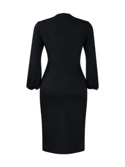 Women's Work Dress Sheath Dress Black Dress Fashion Puff Sleeve Midi Dress Ruched Split V Neck Long Sleeve Plain Regular Fit Black White Red Fall Winter S M L XL XXL -Party Prom Dresses Sales Store btpdbi1693206404335