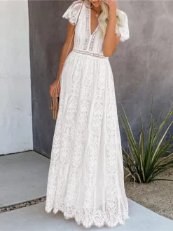 Women's Party Dress Lace Dress Swing Dress Long Dress Maxi Dress Pink White Short Sleeve Pure Color Lace Spring Summer V Neck Modern 2023 S M L XL XXL -Party Prom Dresses Sales Store btqebw1652151593011