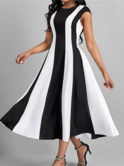 Women's Work Dress Swing Dress Semi Formal Dress Fashion Midi Dress Print Crew Neck Short Sleeve Color Block Stripe Regular Fit Black Wine Royal Blue Summer Spring S M L XL XXL -Party Prom Dresses Sales Store btsmln1680258060228