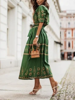 Women's Casual Dress Cotton Linen Dress White Dress Midi Dress Polyester Fashion Gothic Outdoor Daily Vacation Stand Collar Print Half Sleeve Summer Spring Fall 2023 Loose Fit Black Green Apricot -Party Prom Dresses Sales Store bttmbt1690369992826
