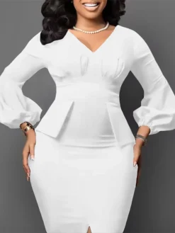 Women's Work Dress Sheath Dress Black Dress Fashion Puff Sleeve Midi Dress Ruched Split V Neck Long Sleeve Plain Regular Fit Black White Red Fall Winter S M L XL XXL -Party Prom Dresses Sales Store btvrgi1693206398075
