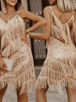 Women‘s Christmas Party Dress Fringe Dress Wedding Guest Dress Mini Dress Gold Sleeveless Pure Color Tassel Fringe Spring Fall Winter Spaghetti Strap Fashion Winter Dress Evening Party Wedding Guest -Party Prom Dresses Sales Store buecsi1692781016910