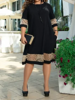 Women's Plus Size Party Dress Lace Dress Cocktail Dress Midi Dress Black 3/4 Length Sleeve Pure Color Lace Spring Fall Winter Crew Neck Fashion Wedding Guest Fall Dress 2023 L XL XXL 3XL 4XL 5XL -Party Prom Dresses Sales Store bunnxz1697172383875
