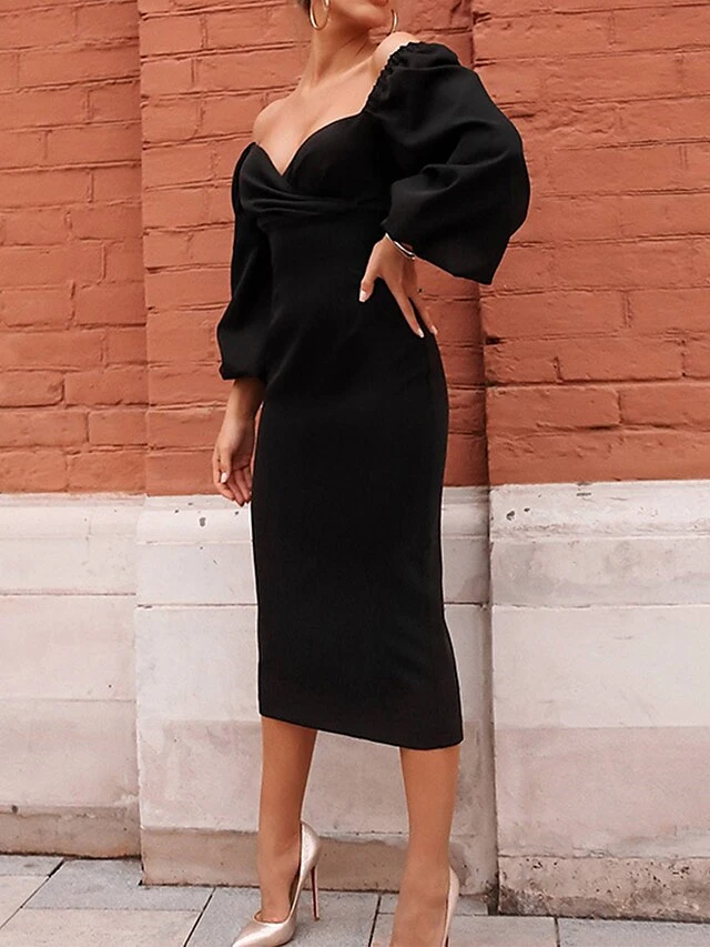 Women's Work Dress Sheath Dress Semi Formal Dress Fashion Winter Dress Office Daily Midi Dress Backless Off Shoulder Long Sleeve Plain Regular Fit Black Wine Fall Winter S M L 3 Women's Work Dress Sheath Dress Semi Formal Dress Fashion Winter Dress Office Daily Midi Dress Backless Off Shoulder Long Sleeve Plain Regular Fit Black Wine Fall Winter S M L - Image 3