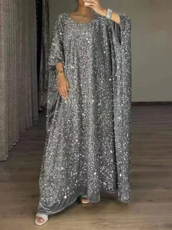 Women‘s Prom Dress Party Dress Sequin Dress Long Dress Maxi Dress Silver Long Sleeve Pure Color Sparkly Glitter Sequins Spring Fall Winter V Neck Fashion Winter Dress Wedding Guest Evening -Party Prom Dresses Sales Store buqsvg1693535449582