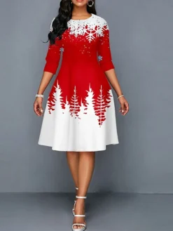 Women's Work Dress A Line Dress Fashion Christmas Midi Dress Print Crew Neck Half Sleeve Snowflake Regular Fit Black Yellow Red Fall Winter S M L XL XXL -Party Prom Dresses Sales Store bvncih1697098984262