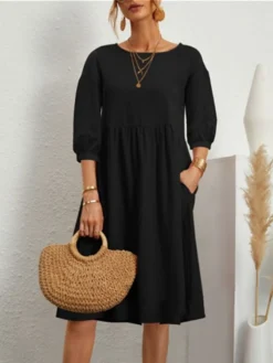 Women's Casual Dress Cotton Dress Midi Dress Cotton Basic Classic Outdoor Daily Vacation Crew Neck Ruched 3/4 Length Sleeve Fall Winter Autumn 2023 Loose Fit ArmyGreen Black White Plain S M L XL 2XL -Party Prom Dresses Sales Store bvrwjw1693739258150