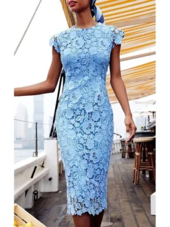 Women‘s Lace Dress Sheath Dress Midi Dress Blue Short Sleeve Solid Color Lace Spring Summer Round Neck Classic & Timeless Party 2023 S M L XL -Party Prom Dresses Sales Store bwabsx1623052884452 1
