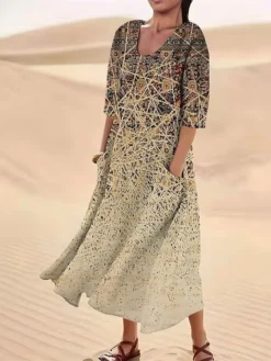 Women's Casual Dress Cotton Linen Dress Midi Dress Polyester Fashion Casual Daily Outdoor Daily Vacation Crew Neck Pocket Print Half Sleeve Summer Spring Fall 2023 Loose Fit Yellow Dark Pink Navy Blue -Party Prom Dresses Sales Store bwbcqo1690365972791