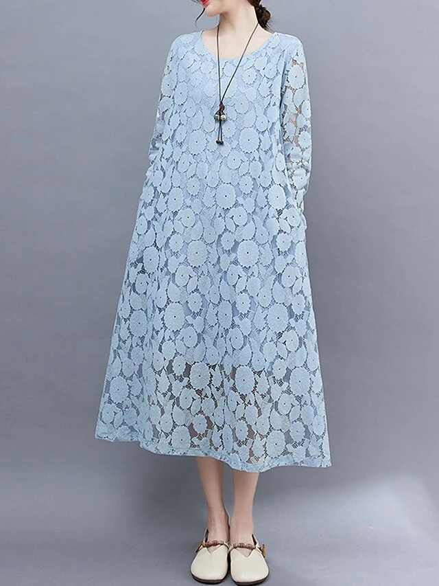 Women's Work Dress Lace Dress Black Dress Fashion Midi Dress Lace Pocket Crew Neck Long Sleeve Plain Loose Fit Black White Pink Fall M L XL XXL 3XL 7 Women's Work Dress Lace Dress Black Dress Fashion Midi Dress Lace Pocket Crew Neck Long Sleeve Plain Loose Fit Black White Pink Fall M L XL XXL 3XL - Image 7