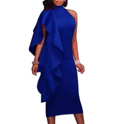 Women‘s Cocktail Party Dress Wedding Guest Dress Sheath Dress Midi Dress Green Black Blue Sleeveless Pure Color Ruffle Fall Spring Autumn Turtleneck S M L XL XXL -Party Prom Dresses Sales Store bxealg1635431728426