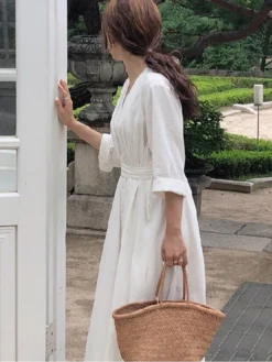 Women's Cotton Linen Dress Loose White Dress Maxi Long Dress Linen Cotton Blend Casual V Neck Puff Sleeve Tie Belt Half Sleeve Summer Spring 2022 Regular Fit Black White Pure Color S M L XL -Party Prom Dresses Sales Store bxlavu1624953457308