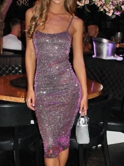 Women's Party Dress Bodycon Sheath Dress Midi Dress Purple Sleeveless Pure Color Shimmer Summer Spring Fall Spaghetti Strap Hot Party Birthday Vacation 2022 S M L XL
