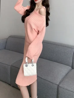 Women's Two Piece Dress Set Casual Dress Skirt Set Outdoor Daily Fashion Streetwear Ruched Midi Dress V Neck Long Sleeve Plain Slim Black Pink Green Fall Winter One-Size -Party Prom Dresses Sales Store bxscet1693374465661