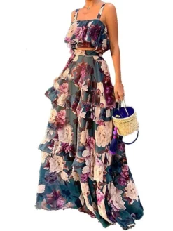 Women's Two Piece Dress Set Casual Dress Skirt Set Daily Date Active Streetwear Ruffle Layered Midi Dress Strap Sleeveless Floral Regular Fit Green Fall Winter S M L XL XXL -Party Prom Dresses Sales Store bymwsw1693972030644