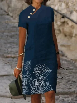 Women's Casual Dress Cotton Linen Dress Shift Dress Midi Dress Cotton Blend Fashion Casual Outdoor Daily Vacation Stand Collar Button Print Short Sleeve Summer Spring 2023 Regular Fit Navy Blue Leaf