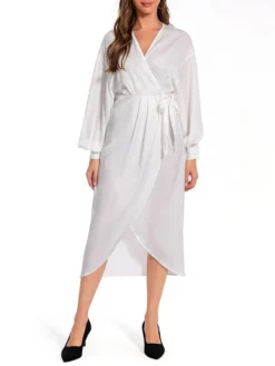 Women's Work Dress Satin Dress White Dress Fashion Midi Dress Lace Up V Neck Long Sleeve Plain Loose Fit White Fall Winter S M L XL XXL -Party Prom Dresses Sales Store byzhzu1693467049660