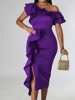 Women's Party Dress Cocktail Dress Bodycon Midi Dress Purple Short Sleeve Pure Color Ruffle Spring Fall Winter Off Shoulder Fashion Birthday Wedding Guest Vacation 2023 S M L XL XXL 3XL 4XL
