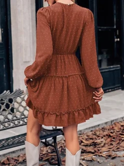 Women's Work Dress Casual Dress Fashion Winter Dress Daily Mini Dress Ruched Ruffle Crew Neck Long Sleeve Plain Loose Fit Brown Army Green Apricot Fall Winter S M L XL -Party Prom Dresses Sales Store bzqaut1695645253974