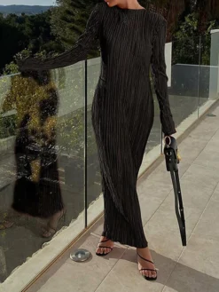 Women's Work Dress Sheath Dress Semi Formal Dress Fashion Daily Workfashion Long Dress Maxi Dress Ruched Pleated Crew Neck Long Sleeve Plain Slim Black Orange Fall Winter S M L -Party Prom Dresses Sales Store bzxulr1695645281611