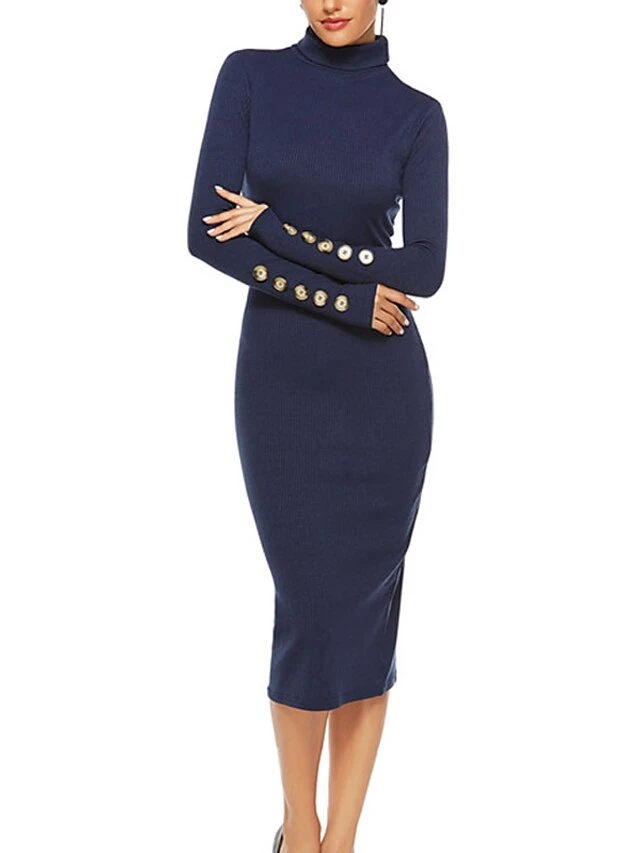 Women's Sweater Dress Midi Dress Dark Blue Gray Long Sleeve Pure Color Button Fall Winter Autumn Turtleneck Casual Winter Dress Fall Dress 2022 S M L XL XXL 3XL 4XL 5XL 1 Women's Sweater Dress Midi Dress Dark Blue Gray Long Sleeve Pure Color Button Fall Winter Autumn Turtleneck Casual Winter Dress Fall Dress 2022 S M L XL XXL 3XL 4XL 5XL