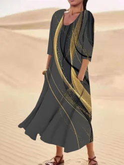 Women's Casual Dress Cotton Linen Dress Midi Dress Polyester Fashion Casual Daily Outdoor Daily Vacation Crew Neck Pocket Print Half Sleeve Summer Spring Fall 2023 Loose Fit Light Pink Pink Navy Blue -Party Prom Dresses Sales Store cafqal1690365477879