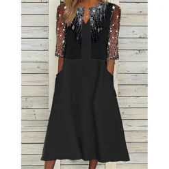 Women's Two Piece Dress Set Casual Dress Dress Set Outdoor Daily Fashion Streetwear Mesh Patchwork Midi Dress V Neck Half Sleeve Graphic Regular Fit Black Summer Spring S M L XL XXL