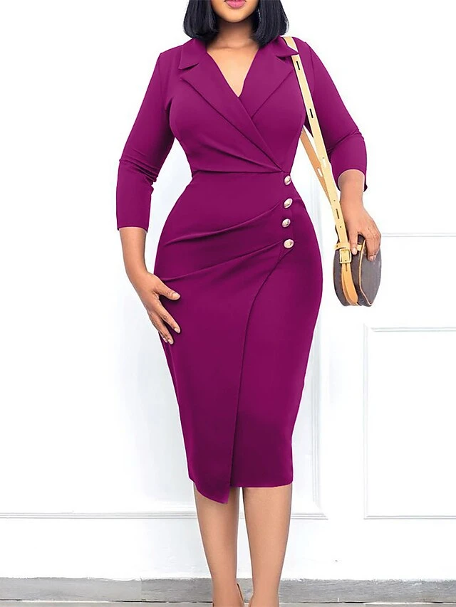 Women's Work Dress Blazer Dress Black Dress Fashion Midi Dress Ruched Button Lapel 3/4 Length Sleeve Plain Regular Fit Black Red Blue Fall Winter S M L XL XXL 6 Women's Work Dress Blazer Dress Black Dress Fashion Midi Dress Ruched Button Lapel 3/4 Length Sleeve Plain Regular Fit Black Red Blue Fall Winter S M L XL XXL - Image 6