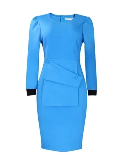 Women's Work Dress Sheath Dress Semi Formal Dress Fashion Office Daily Workfashion Midi Dress Button Crew Neck Long Sleeve Plain Slim Yellow Red Blue Fall Winter S M L XL XXL -Party Prom Dresses Sales Store cbgchm1695030989426