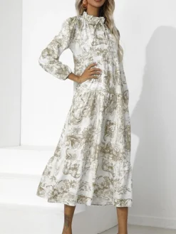 Women's Work Dress Swing Dress Semi Formal Dress Fashion Midi Dress Print Stand Collar Long Sleeve Floral Loose Fit Red Blue Green Fall S M L XL XXL -Party Prom Dresses Sales Store cbldge1693300596528