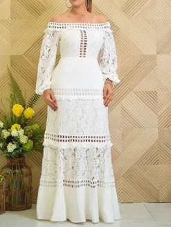 Women's Party Dress Lace Dress Sheath Dress Long Dress Maxi Dress White Long Sleeve Pure Color Hollow Out Winter Fall Spring Off Shoulder Mature Winter Dress Birthday Evening Party 2023 S M L XL XXL 7 Women's Party Dress Lace Dress Sheath Dress Long Dress Maxi Dress White Long Sleeve Pure Color Hollow Out Winter Fall Spring Off Shoulder Mature Winter Dress Birthday Evening Party 2023 S M L XL XXL -Party Prom Dresses Sales Store cbtgay1656561359415