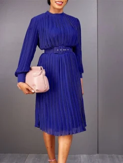 Women's Work Dress Casual Dress Black Dress Fashion Office Daily Workfashion Midi Dress Lace Up Pleated Crew Neck Long Sleeve Plain Regular Fit Black White Red Fall Winter S M L XL XXL -Party Prom Dresses Sales Store ccfmwz1695645185952