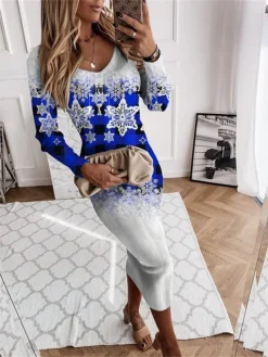 Women‘s Christmas Sweater Dress Jumper Dress Winter Dress Warm Plaid Snowflake Outdoor Christmas Daily Holiday V Neck Long Sleeve 2023 Regular Fit Wine Blue Green S M L XL XXL 3XL -Party Prom Dresses Sales Store cciwit1696434536955