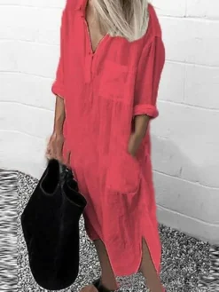 Women‘s Casual Dress Cotton Dress Shirt Dress Swing Dress Midi Dress Blue Yellow Red Long Sleeve Pure Color Pocket Summer Fall Spring Shirt Collar Basic Daily Weekend Loose Fit 2023 S M L XL XXL 3XL -Party Prom Dresses Sales Store ccnpjo1659002283960