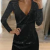 Women‘s Formal Party Dress Sequin Dress Holiday Dress Mini Dress Black Gold Long Sleeve Pure Color Sequins Winter Fall Spring V Neck Fashion Winter Dress Birthday 2023 S M L XL XXL