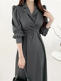 Women's Work Dress Semi Formal Dress A Line Dress Fashion Office Daily Workfashion Midi Dress Ruched Button Shirt Collar Long Sleeve Plain Loose Fit Black Army Green Gray Fall Winter S M L XL 11 Women's Work Dress Semi Formal Dress A Line Dress Fashion Office Daily Workfashion Midi Dress Ruched Button Shirt Collar Long Sleeve Plain Loose Fit Black Army Green Gray Fall Winter S M L XL -Party Prom Dresses Sales Store ccremr1695805365412