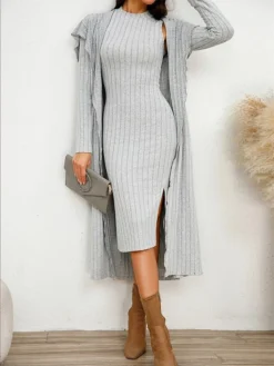 Women's Two Piece Dress Set Casual Dress Sheath Dress Home Daily Fashion Streetwear Split Midi Dress Stand Collar Long Sleeve Plain Slim Black Army Green Gray Fall Winter S M L XL XXL -Party Prom Dresses Sales Store ccxqkh1695813699466